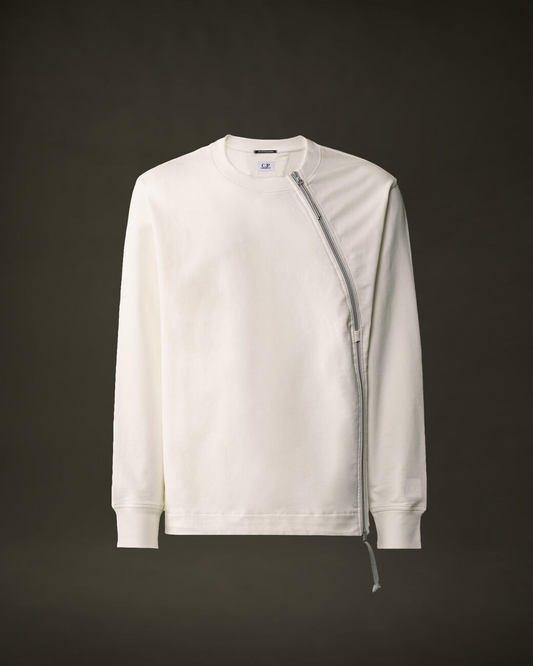 C.P. COMPANY - STRCH FLEECE MIXED ZIP CREW SWSH - GAUZE WHITE