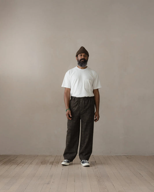 evan kinori - Elastic Pant - Kasuri Wool Check - Brown/Beige/Navy