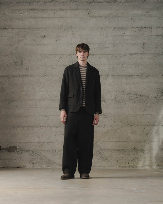 evan kinori - THREE BUTOON JACKET WOOL/LIN H-BONE - BLACK/BROWN