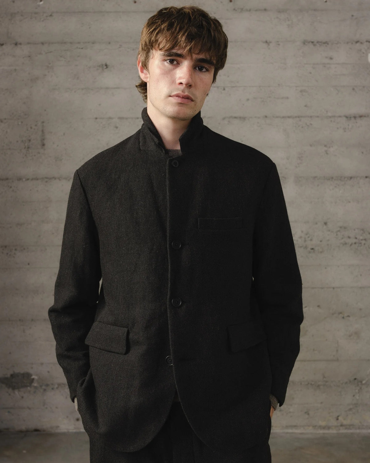 evan kinori - THREE BUTOON JACKET WOOL/LIN H-BONE - BLACK/BROWN