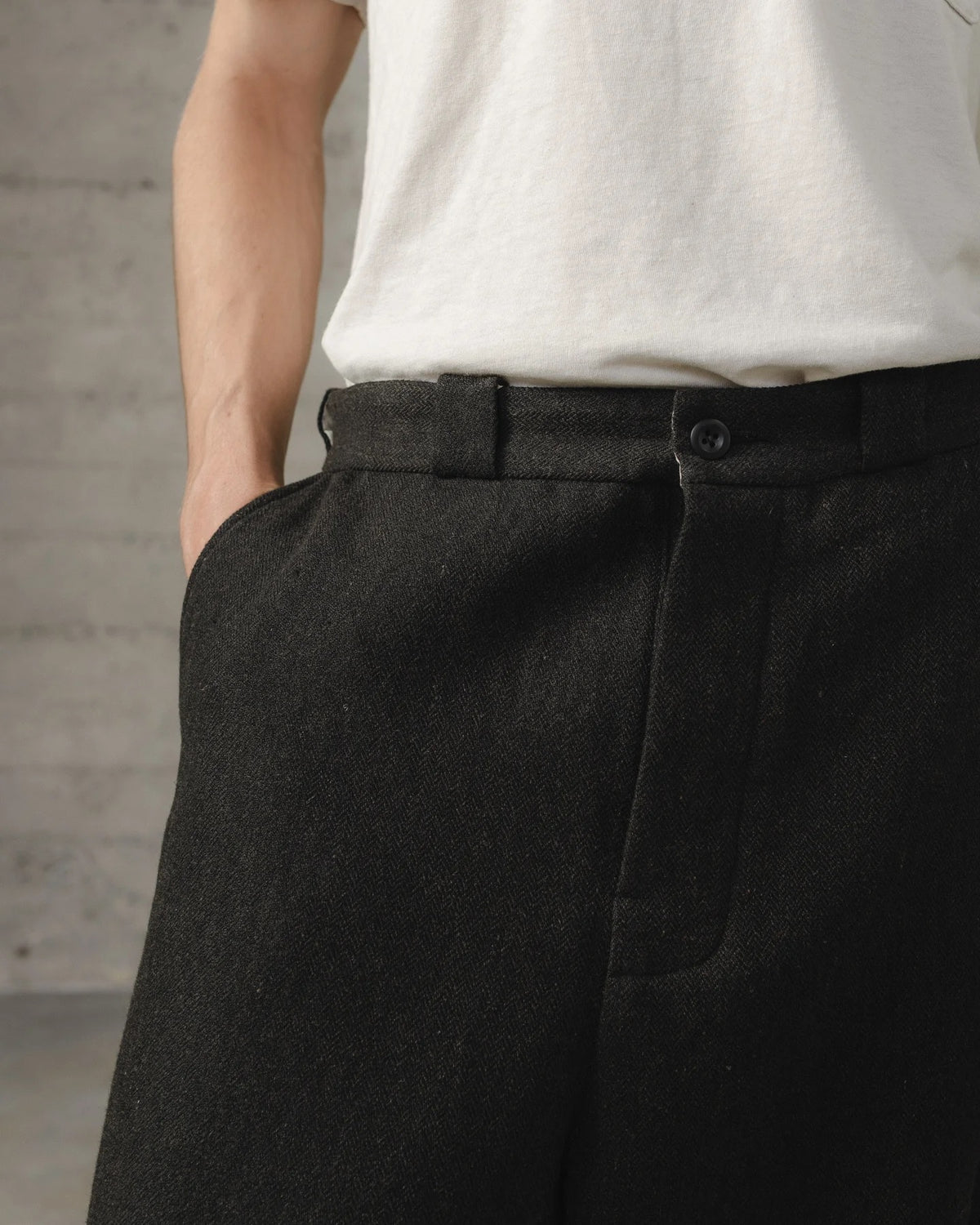 evan kinori - FLAT FRONT PANT WOOL/LIN H-BONE - BLACK/BROWN