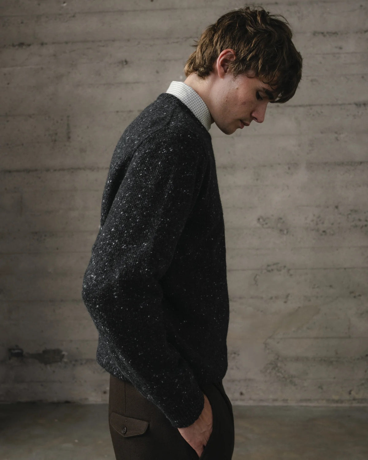 evan kinori - CREWNECK SWEATER WOOL/CASHMERE TWEED - BLACK
