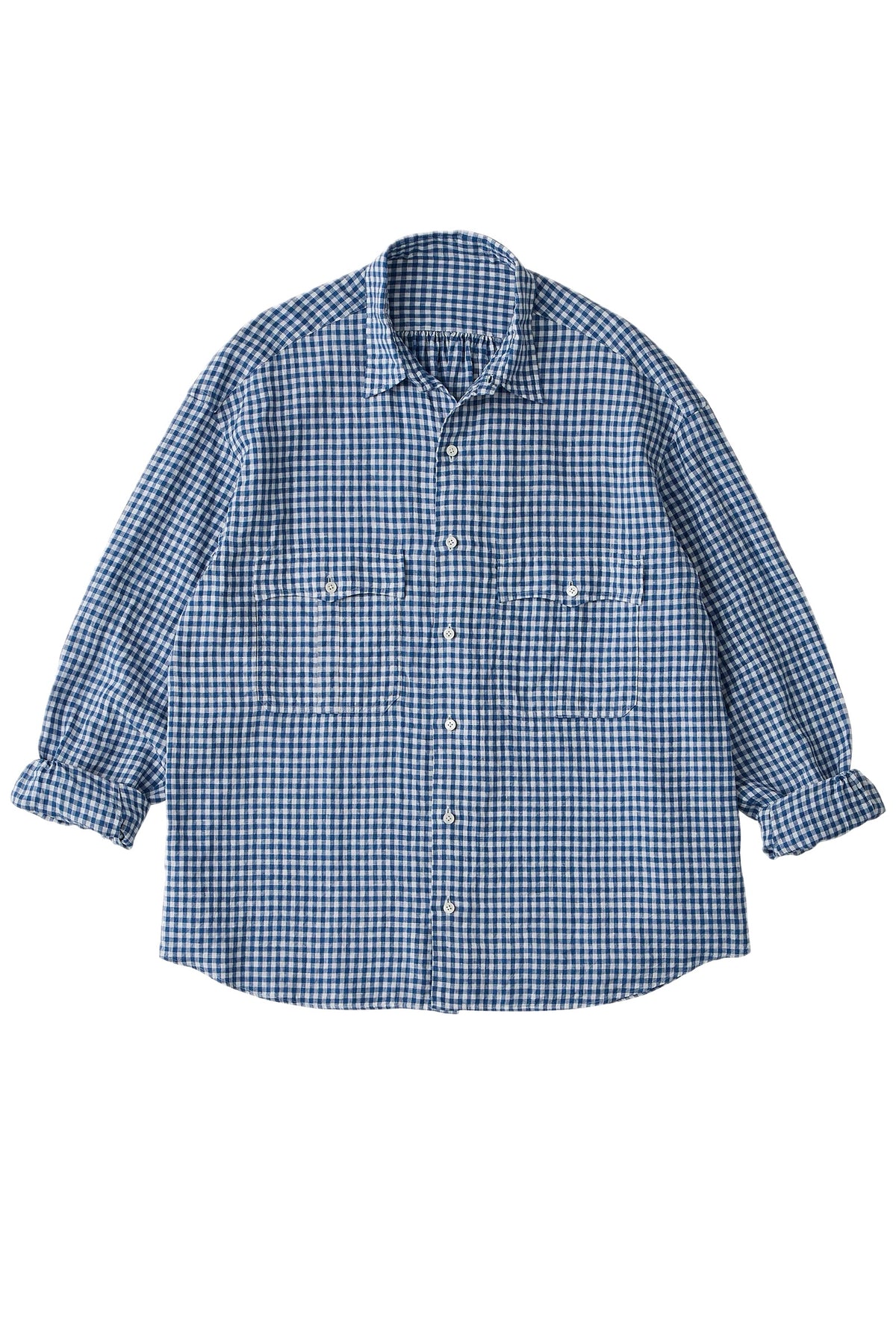 PORTER CLASSIC - ROLL UP LINEN GINGHAM CHECK SHIRT - FRENCH BLUE